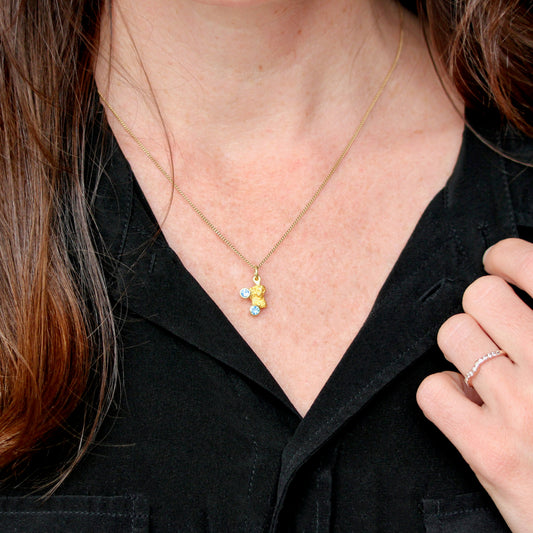 Ethically Sourced Australian Bright Blue Twin Parti Sapphire & Natural Gold Nugget Pendant — 92–98% Pure Gold