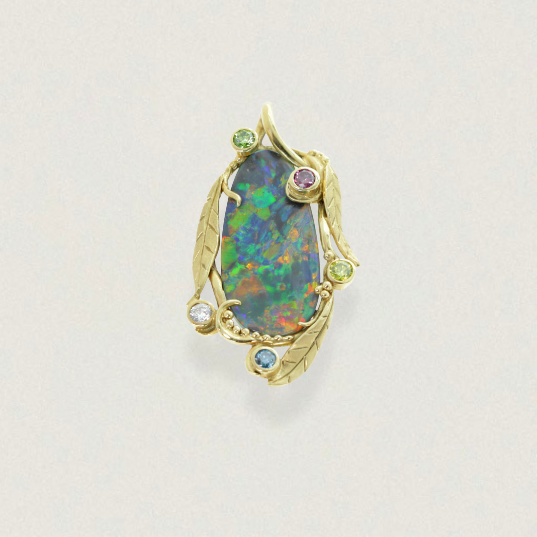 19ct Lightning Ridge black opal pendant in 18ct yellow gold with diamond leaf-motif accents, front view.