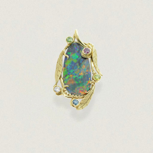 19ct Lightning Ridge black opal pendant in 18ct yellow gold with diamond leaf-motif accents, front view.