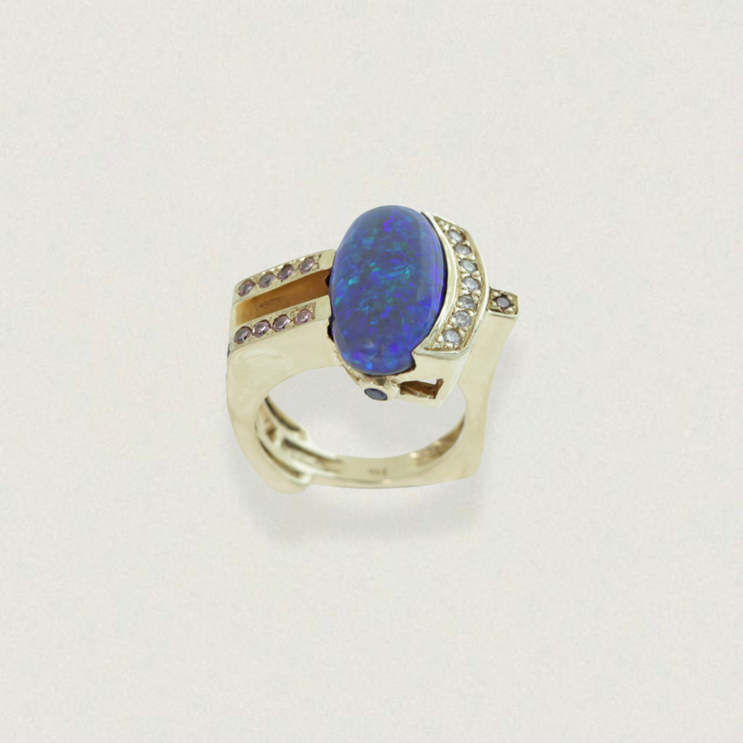 Lightning Ridge Black Opal, Diamond & Pink Sapphire Ring | 14ct Yellow Gold