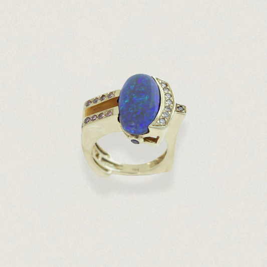 Lightning Ridge Black Opal, Diamond & Pink Sapphire Ring | 14ct Yellow Gold