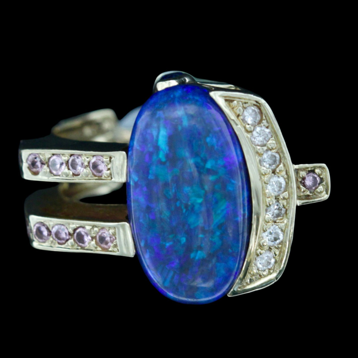 Lightning Ridge Black Opal, Diamond & Pink Sapphire Ring | 14ct Yellow Gold