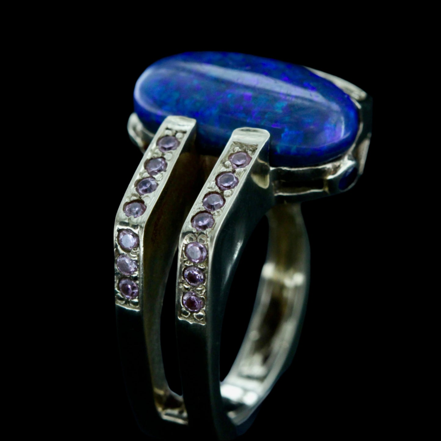 Lightning Ridge Black Opal, Diamond & Pink Sapphire Ring | 14ct Yellow Gold