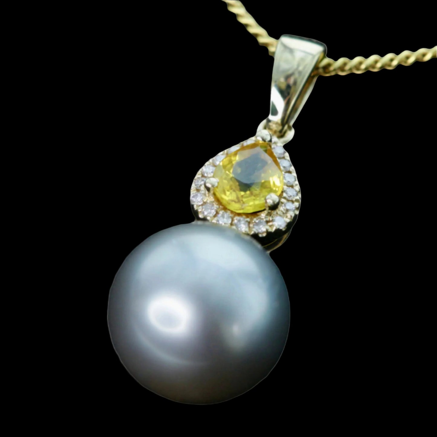 Vintage .45ct Yellow Sapphire, Diamond & Tahitian Pearl Pendant — 14ct Yellow Gold
