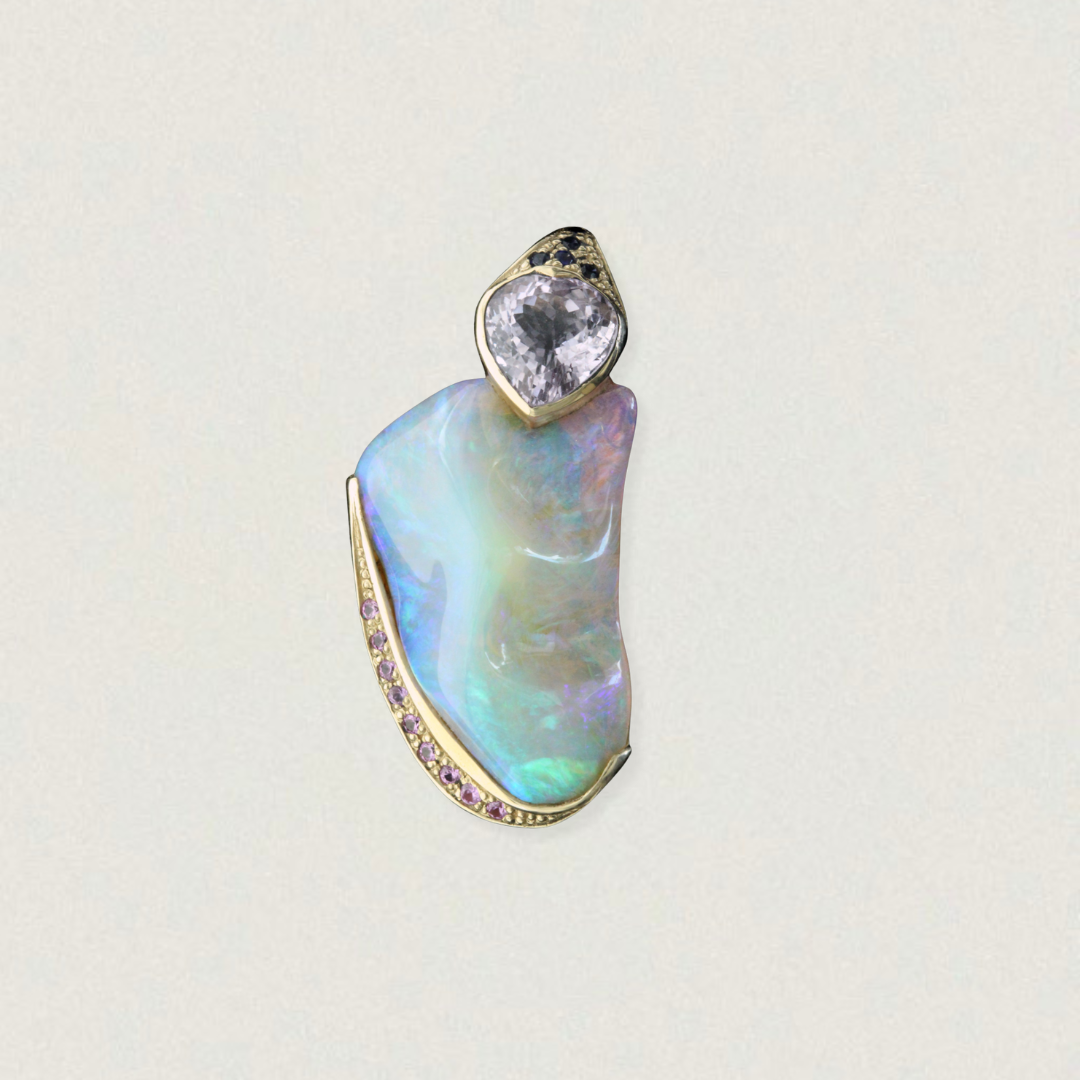 50ct Lightning Ridge crystal opal pendant in yellow gold with amethyst and blue sapphire accents, front view on light background.