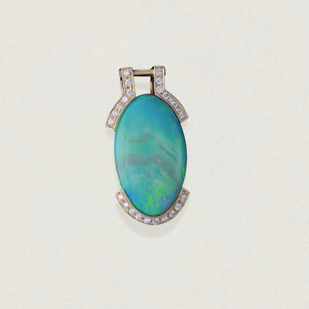 36ct Lightning Ridge opal pendant in 18ct yellow gold with pavé diamond accents, oval cabochon — front view.