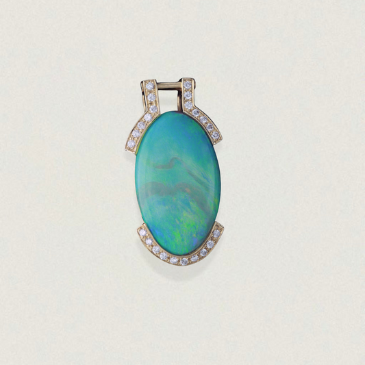 36ct Lightning Ridge opal pendant in 18ct yellow gold with pavé diamond accents, oval cabochon — front view.